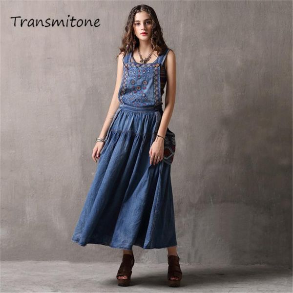 

casual dresses women denim dress 2021 vintage vestidos flower embroidery a-line back zipper swing hem overall maxi 82038, Black;gray