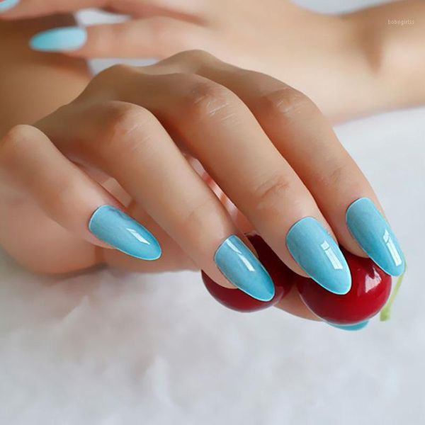

sky blue full cover sharp ending nail tips fake acrylic nails stiletto false normal sizes salon1, Red;gold