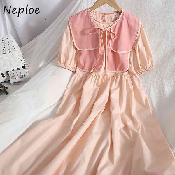 

neploe o neck pullover short sleeve dress women bow patchwork summer loose vestidos high waist hip a line robe 210510, Black;gray