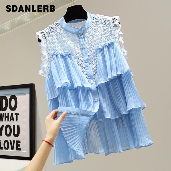 

women's blouses & shirts lace crocheted hollow sleeveless shirt 2021 summer korean style loose slim pleated casual chiffon ruffles patc, White