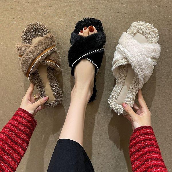 

sandals spring latest fashion pearl decoration plush low heel plus size home fur slippers comfortable women shoes zapatos de mujer, Black