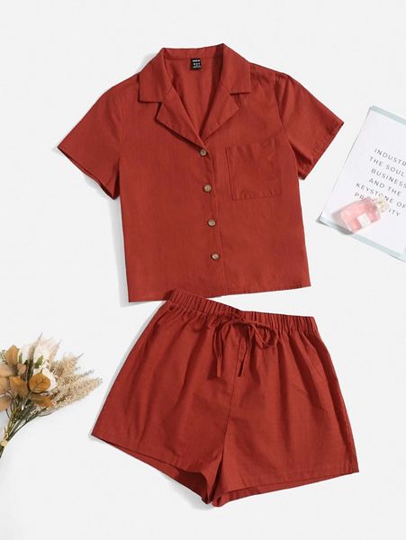 

solid pocket patched blouse and shorts set t5lf#, White