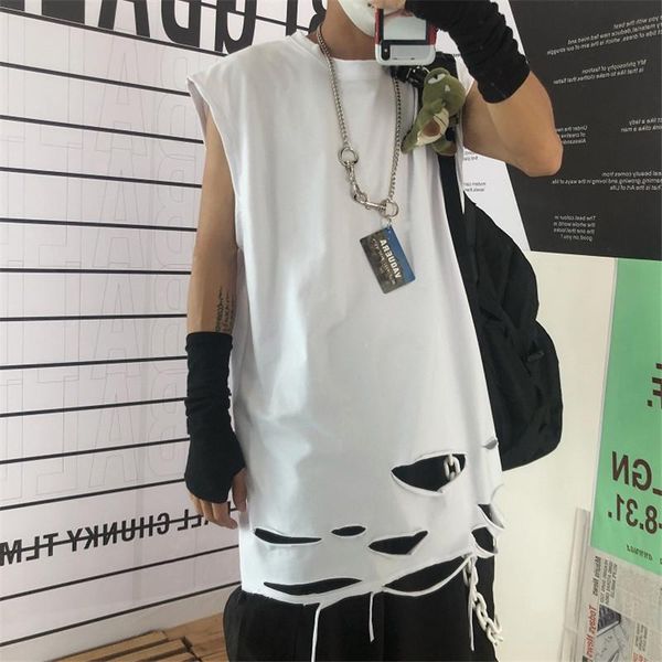 

men' tank summer men black white gray ripped destroyed hole punk hip hop street vest vintage sleeveless shirt, White;black