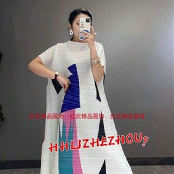 

dress miyake fold short sleeve vintage print slash neck, Black;gray