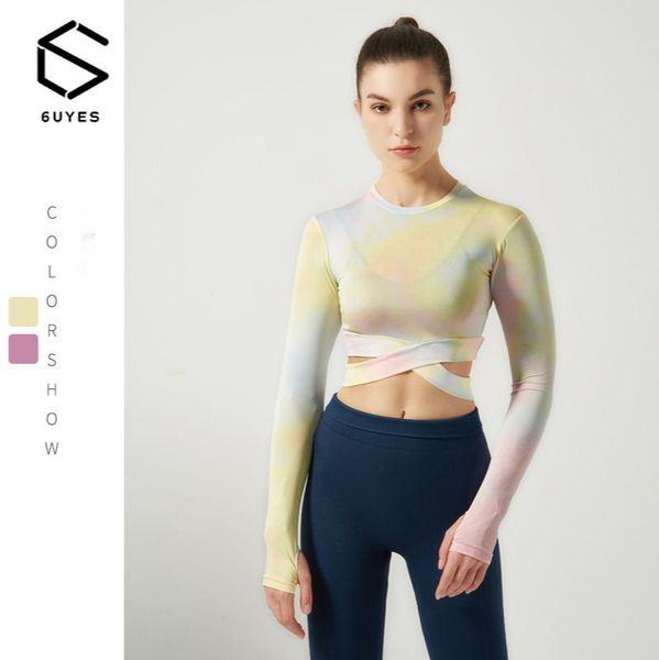 

yoga suit large round neck sports long sleeve tie dyed open navel running fitness t-shirt summer activewear for women outfit