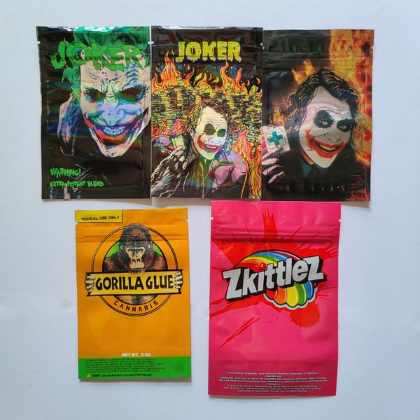 

empty 420 packaging joker zkittlez mylar resealable foil bags rice krispies treats dry flowers gorillas glue edibles gummies bag smell proof