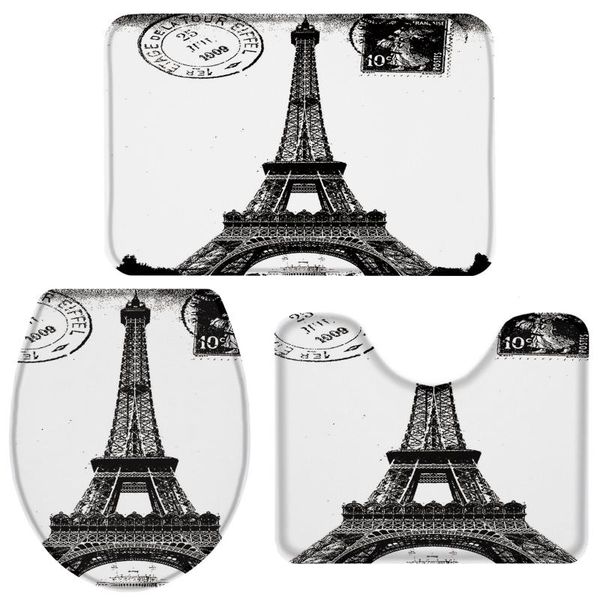 

bath accessory set 3 pieces bathroom retro stamps paris tower black white toilet cover mat pedestal rug non-slip