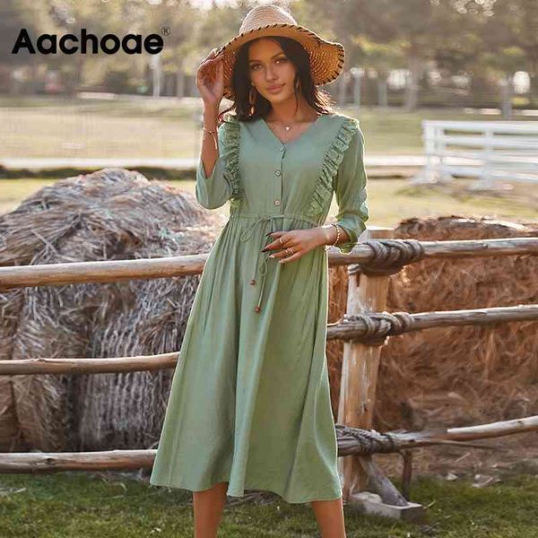 

vintage solid midi v neck ruffles elegant single breasted drawstring casual dress spring autumn vestidos 210413, Black;gray