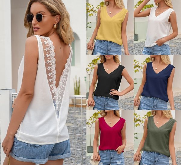 

women's 2021 summer new hollow lace splicing v-neck top, White