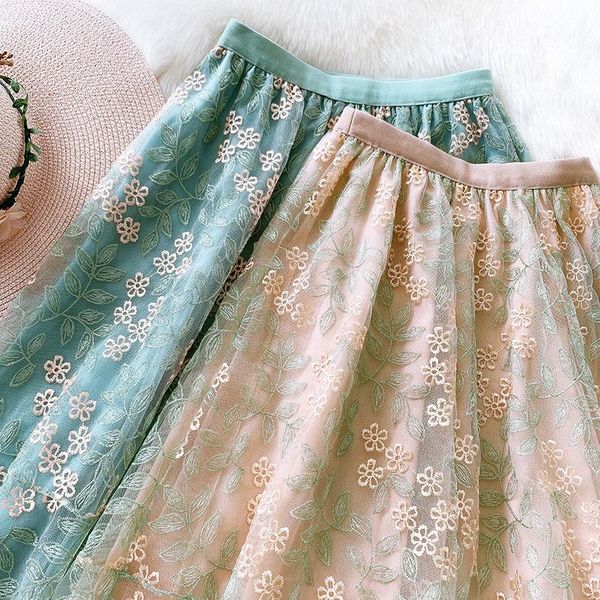 

skirts orange women 2021 summer big swing skirt fashion flower embroidery mesh office elegant long green faldas, Black