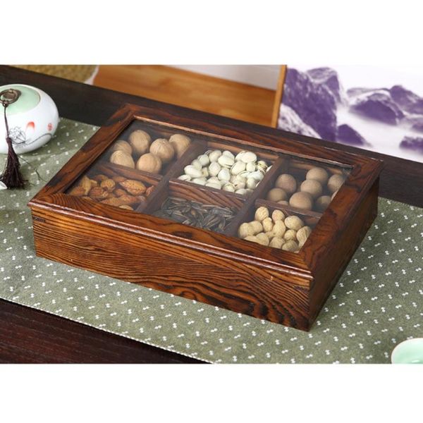 

dishes & plates solid wooden dried fruit plate sectional tray with transparent lid multi-grid multifunctional desksnack organizer nuts c