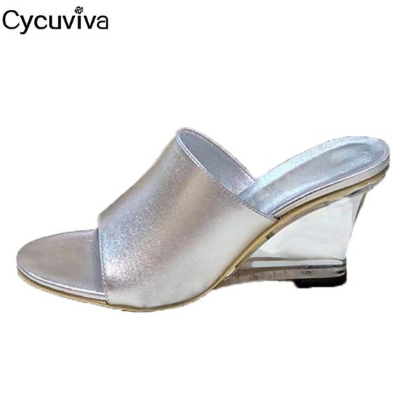 

shoes woman clear wedge heels slippers women sliver leather designer slides summer high heel party sandalias mujer, Black