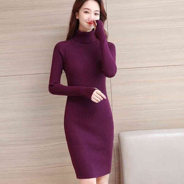 Koreanische Pullover Kleid Mode Frauen Gestrickte es Elegante Rollkragenpullover Stricken Plus größe Winter es 210427