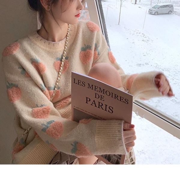 

women's sweaters peach strawberry sweater female languid lazy wind 2021 loose outer wear autumn and winter thickened bottom shirt, White;black