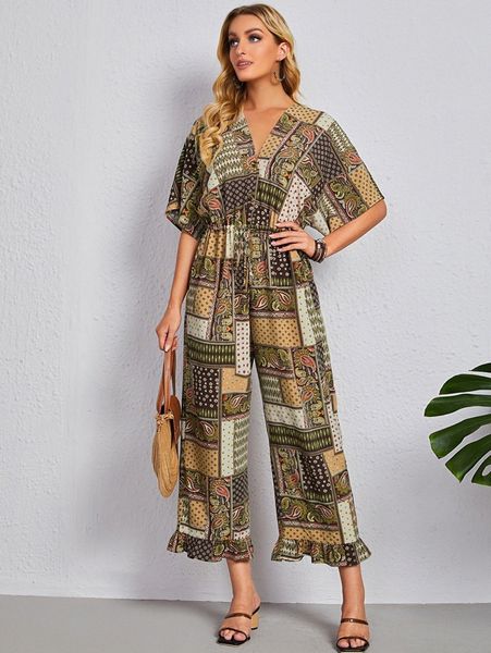 

emery rose batwing sleeve patchwork print jumpsuit v9m2#, White