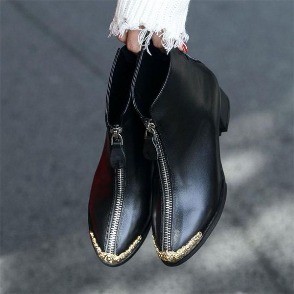 

boots women zipper botas female shoes mid heels chaussures femme winter ladies metal decoration scarpe donna, Black