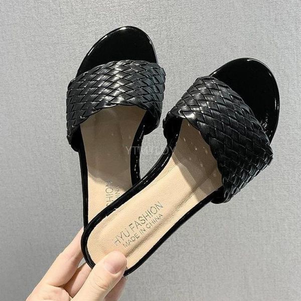 

summer sandals women's fashion slippers wear flat woven wild zapatillas mujer casa sapatos mulher, Black