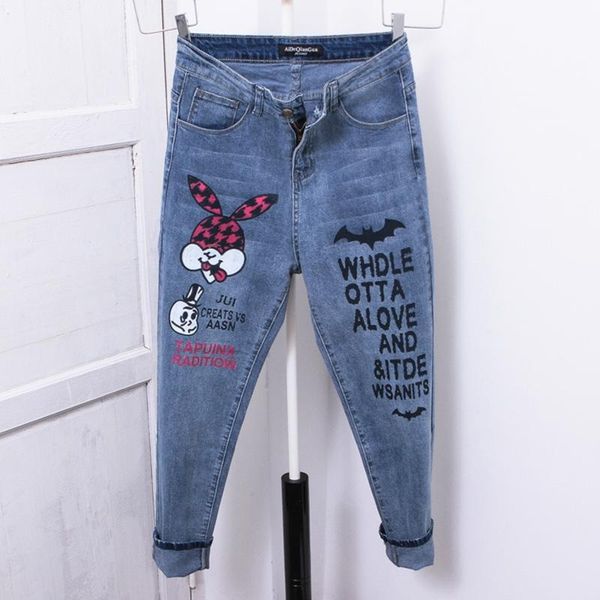 

women's jeans y2k aesthetic denim womens 2021 plus size high waist harem pants cartoon letter print baggy trousers streetwear bottoms, Blue