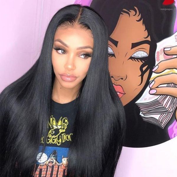

lace closure wig straight front human hair wigs 150% density remy for black women 28 30 inch front1, Black;brown