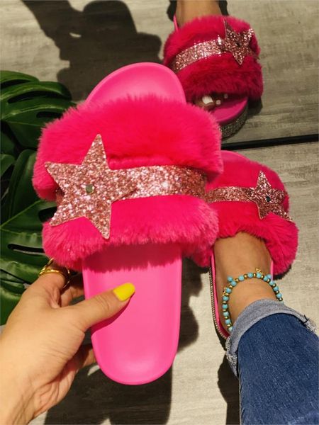 

fashion women fur slippers summer sandals slides for big size 43 fluffy home flat female shoes indoor casual, Black
