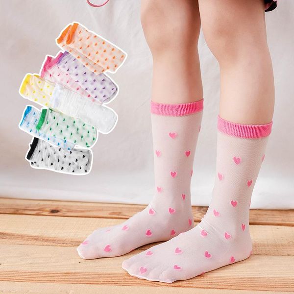 

summer mesh breathable kids socks candy color boys girls heart print children long, Pink;yellow