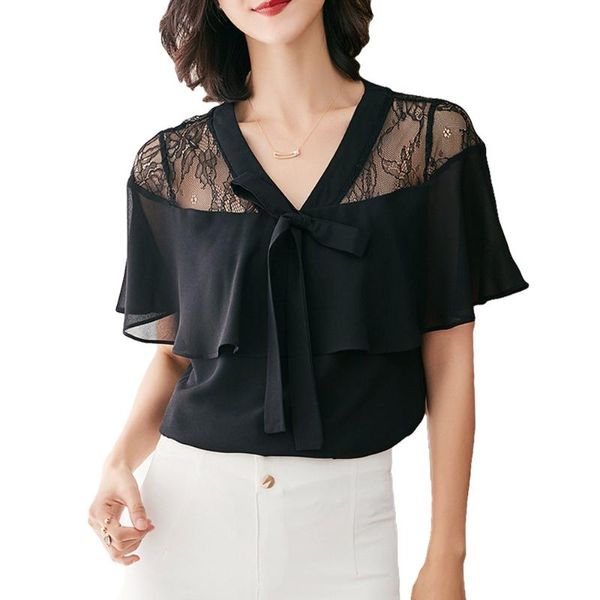 Blusas femininas camisas 2021summer blusa preto mulheres elegante manga curta v pescoço camisa solta camisa casual senhoras chiffon lace top blusas muj