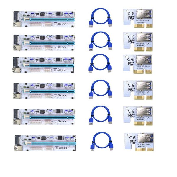 

6pcs riser card 008s ver008s 3 in 1 molex 4pin sata 6pin pcie pci-e pci express adapter 1x 16x usb3.0 extender mining miner computer cables