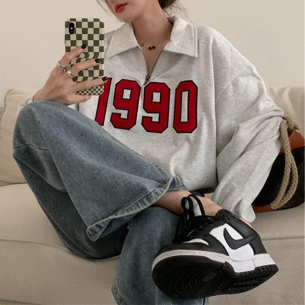 

women's hoodies & sweatshirts 90's vintage sweatshirt spring casual zipper numbers pattern long sleeve thin turn down collar women, Black