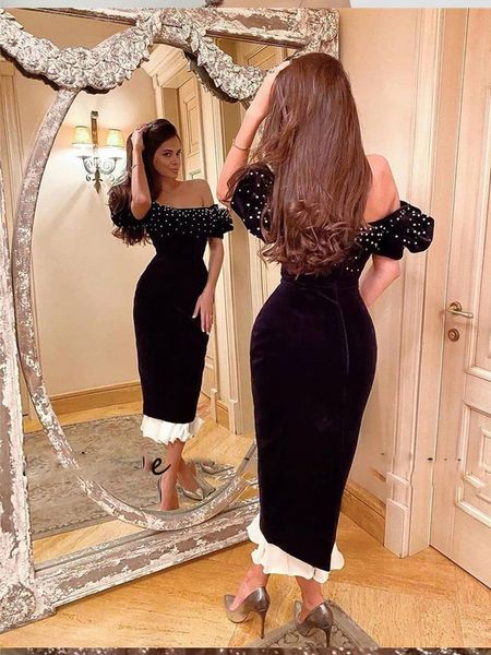 

black short pearls off shoulder evening dresses strapless tea length velour dubai prom party dress formal night gowns, Black;red