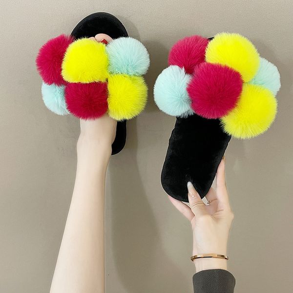 

slippers women's shoes teddy slippers for adults luxury slivers sweet pantofle soft skin designer flat basic fabrics with fu f03j, Black