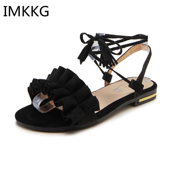 

plus size women's sandal ruffles shoes woman cross bandage sandals summer flats lace-up ankle strap sandalias mujer a00032, Black