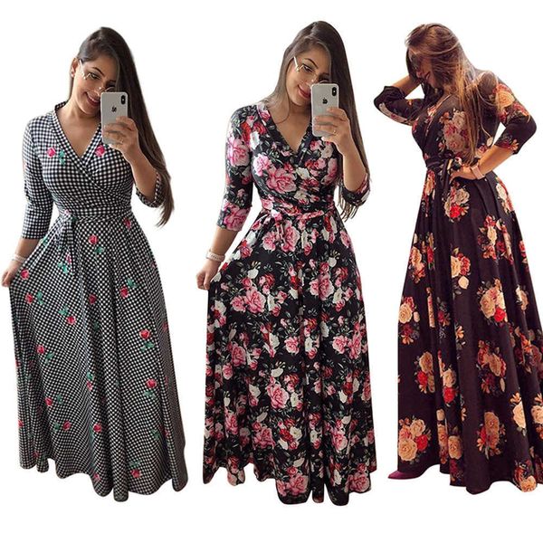 Mulheres Cópia Floral Longo Drsexy V Neck Plissado Feminino Casual Retro Maxi Vestidos Vestidos Elegante Partido Robe DRS-5XL X0529