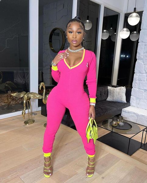 

zipper deep women jumpsuits v neck body casual active long sleeve pencil pants bodycon club party overalls, Black;white