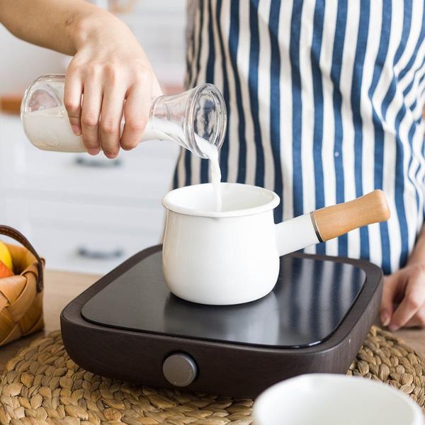 

pans mini frying pan cookware gas stove kitchen tool 550 ml milk jug with wooden handle enamel butter coffee pot