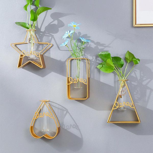 

vases nordic golden glass vase home decor coffee shop office wall hanging hydroponic plant terrarium iron line flower holder