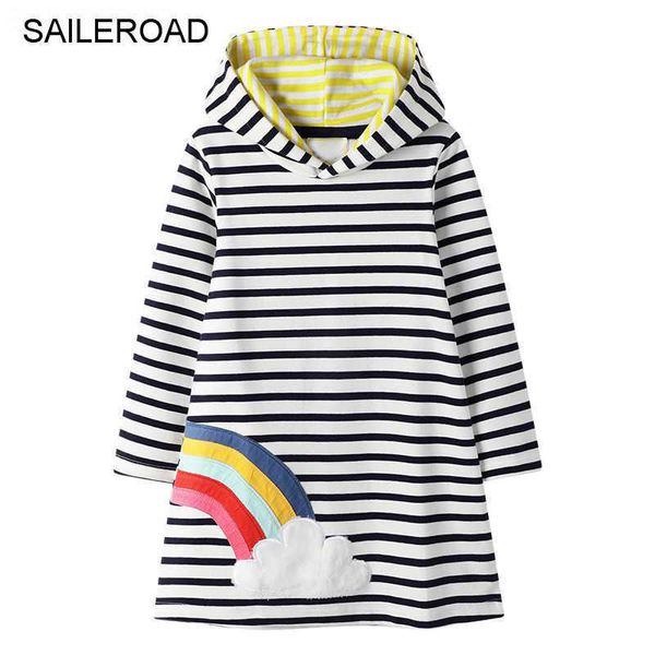 SAILEROAD Regenbogen Stickerei Mädchen Hoodies Kleid für Kinder Tops Kleidung Herbst Winter Kinder Langarm Hoody Kleider Q0716