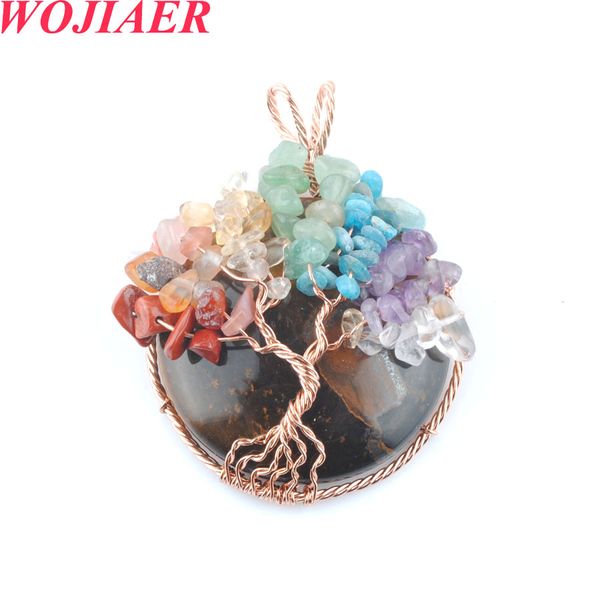 Wojier Natural Cabochão Tigres de Pedra Olho Árvore de Vida Pingente Rose Gold Wire Wrap 7 Chakra Chip Bead Mulheres Colar O9020