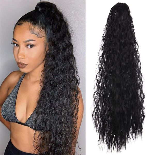 60 cm de longa cordão de profundidade de profundidade grip sintético simulação de ponytail cabelo humano extensões de cabelo Bundles rabo de cavalo AS-24PO PELUCAS