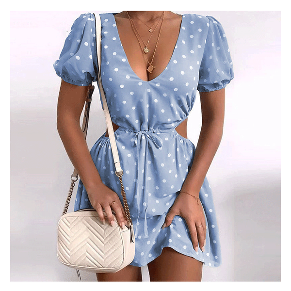 

2021independent station wish new polka dot short sleeve v-neck womens dress, White;black