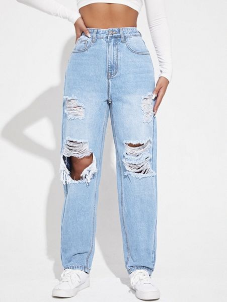 

high waist ripped cut out jeans k552#, Blue
