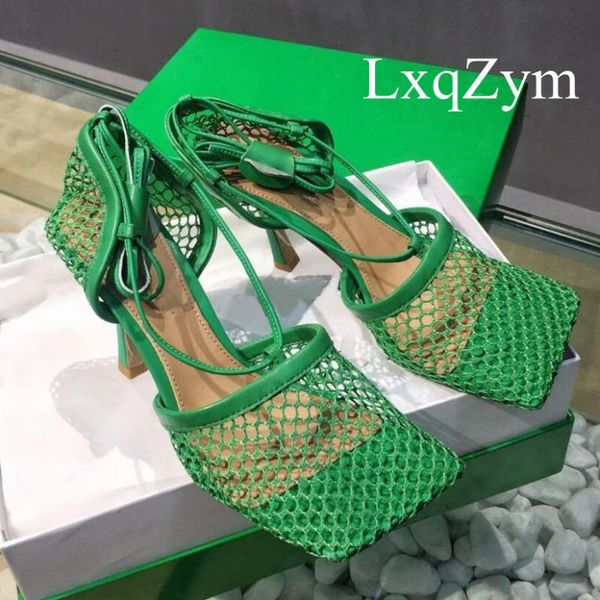 

fashion brand designer women mesh sandals high heel square toe stiletto ankle strap breathable pumps, Black