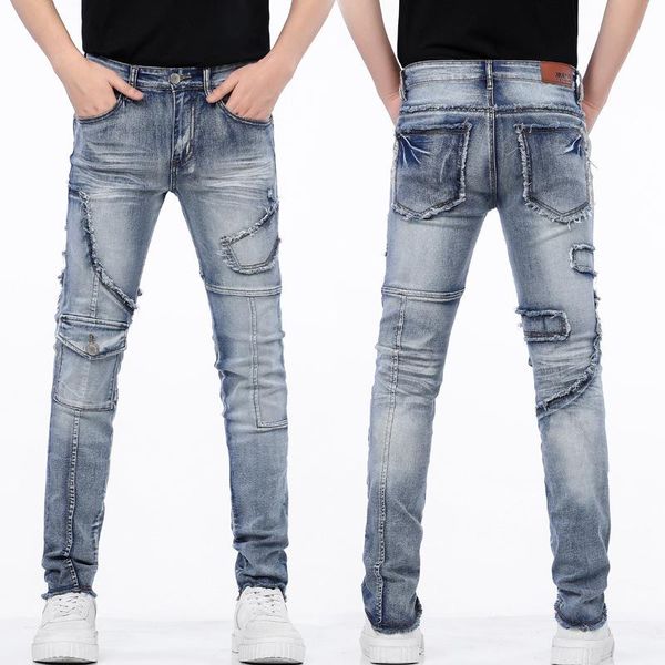 

men's jeans men for man 2021 streetwear casual straight male zipper distressed vintage moto bikers denim pants, Blue