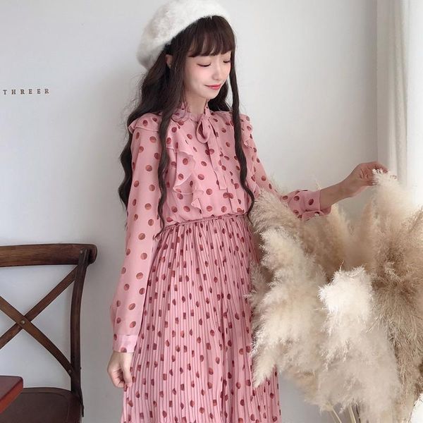 

casual dresses spring women's korean fresh polka dot chiffon dress loose long sleeve college elegant sweet, Black;gray