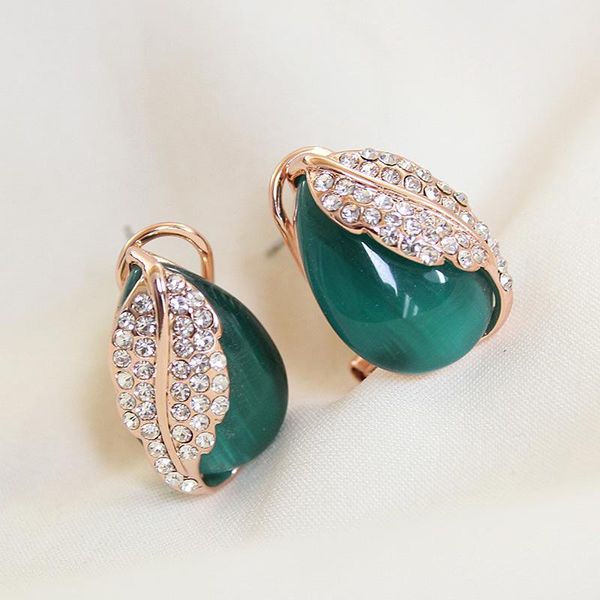 

rose gold color cz crystal pink opal earrings green oval leaf jewelry wholesale for women girls gift drop stud, Golden;silver