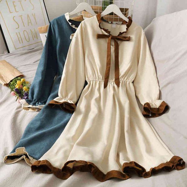 

autumn bow tie with vintage curl dress high waist female color matching midi flared sleeves large swing vestidos 210420, Black;gray