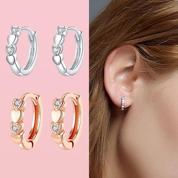 

hoop & huggie 100% real 925 sterling silver pendiente heart earrings for women wedding fit original fine jewelry joyas, Golden;silver