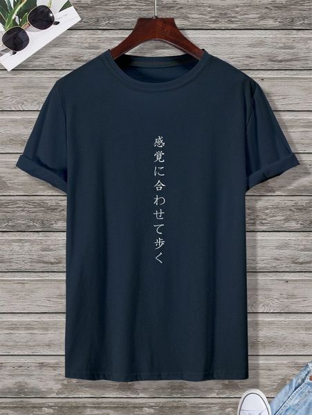 

men japanese language print round neck tee v6ef#, White;black