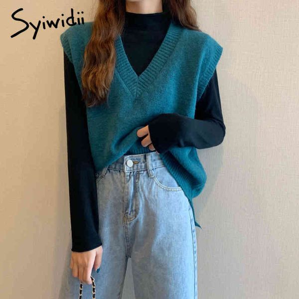 

syiwidii sweater vest women fall winter clothes korean black japanese fashion sleeveless knit blue pink khaki casual 210417, White