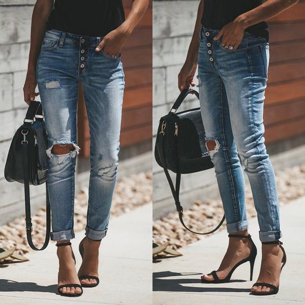 

pleated skinny jeans for women knee holes destroyed denim pant casual pencil trousers stretch button ripped mom women's, Blue