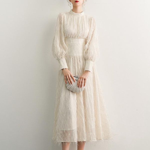 

casual dresses white elegant tassel dress for women o neck lantern long sleeve high waist female fashion autumn 2021, Black;gray